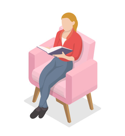 Girl reading a book sitting in a chair. Isometric vector illustration.のイラスト素材