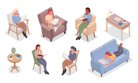 Collection of isometric woman characters reading books on sofas and chairs vector illustrationのイラスト素材