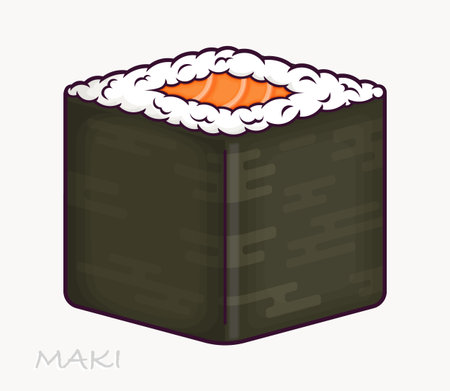 Cute cartoon maki sushi roll with seaweed wrap, rice, and salmon center. Vector illustrationのイラスト素材