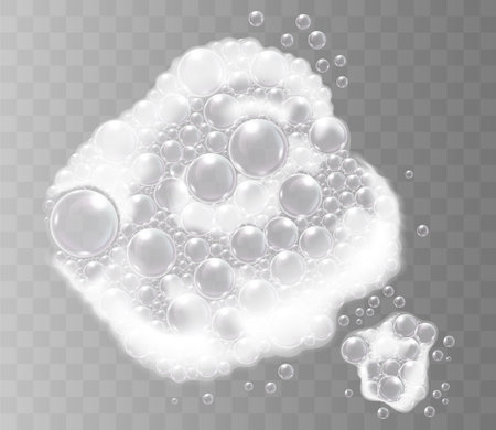 White soapy foam with floating bubbles on transparent background. Realistic vector illustration.のイラスト素材