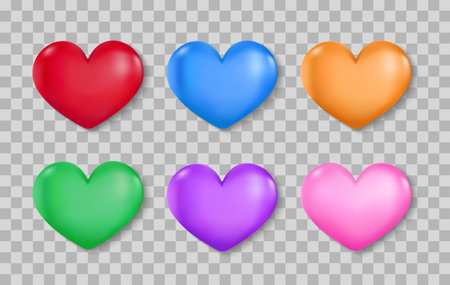 Set of realistic 3D heart icons in various colors. Love symbols for decoration. Vector illustrationのイラスト素材
