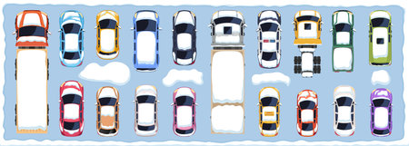 Top down view of snow covered cars in a winter scene. Vector illustrationのイラスト素材