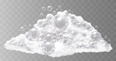 White soap foam with shiny bubbles on a transparent background. Vector illustrationのイラスト素材