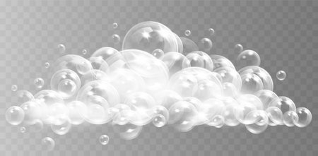 White soap lather and air bubbles isolated on transparent background. Realistic vector illustrationのイラスト素材