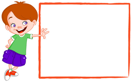 Happy kid leaning on a blank signのイラスト素材