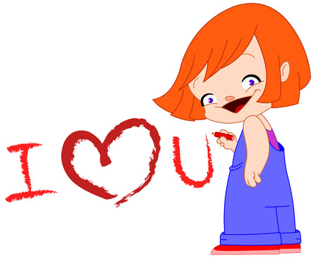 Cute little girl writing I love youのイラスト素材