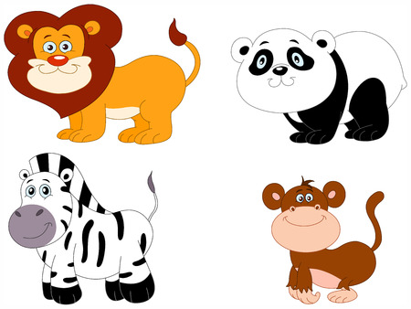 Illustration Set of cute animals: lion, panda, zebra and monkeyのイラスト素材