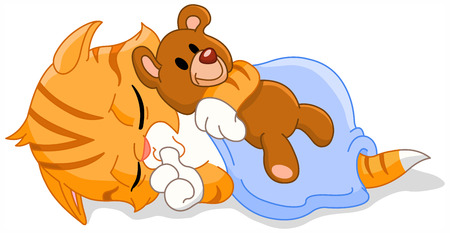 Cute sleeping kitten hugging his teddy bearのイラスト素材
