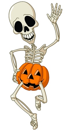 Happy dancing skeleton wearing a pumpkinのイラスト素材