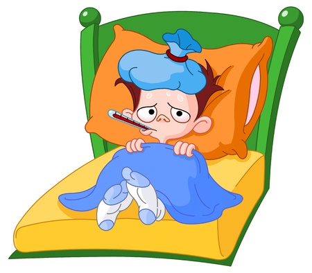 Sick kid lying in bedのイラスト素材
