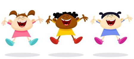 Multicultural young girls jumping in the airのイラスト素材