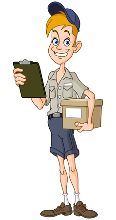 Smiling delivery man with a parcel and a clipboardのイラスト素材