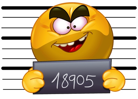 Arrested emoticon with measuring scale in back holding his number posing for a criminal mug shotのイラスト素材