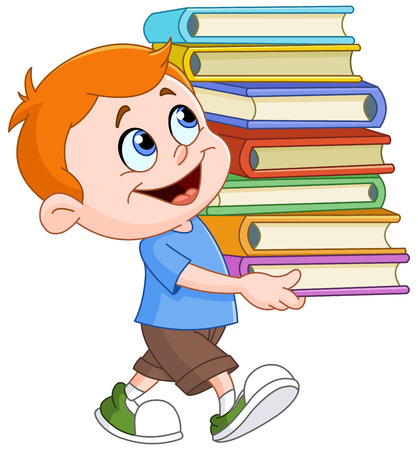 Young boy walking and carrying a tall and heavy stack of school booksのイラスト素材