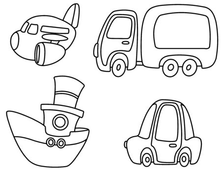 Outlined set of cartoon transport. Plane, truck, ship and car. Vector line art illustration coloring page.のイラスト素材