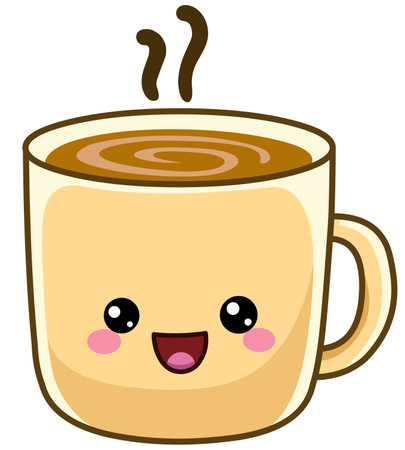Happy hot coffee mug in a kawaii styleのイラスト素材