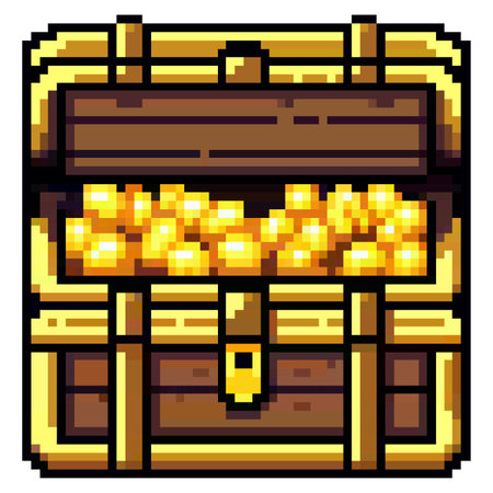 8bit pixel art of an old wooden treasure chest with golden coinsのイラスト素材