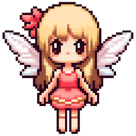 8-bit pixel art of a blond fairy character wearing a pink dress and a flower in her hairのイラスト素材