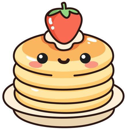 Happy pancake stack with strawberries and cream on top, in a kawaii styleのイラスト素材