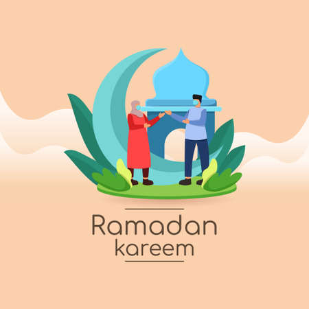 Ramadan kareem Muslim Character and Mosque in Cartoon Style Premium Vectorのイラスト素材