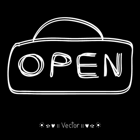 Vector open door sign. Label with text in flat style. hand drawn style, Illustrationのイラスト素材