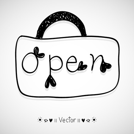 Vector open door sign. Label with text in flat style. hand drawn style, Illustrationのイラスト素材
