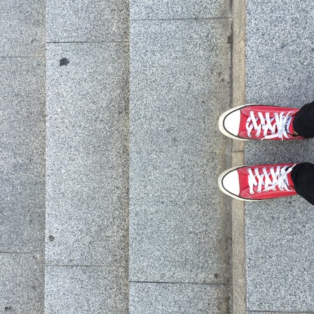 Selfie of Sneakers On Stairs Great For Any Use.のeditorial素材