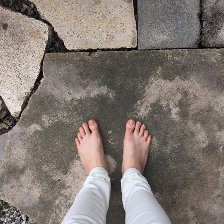 Selfie of Woman Bare Feet on Ground Floor Great For Any Use. Great For Any Use.の写真素材