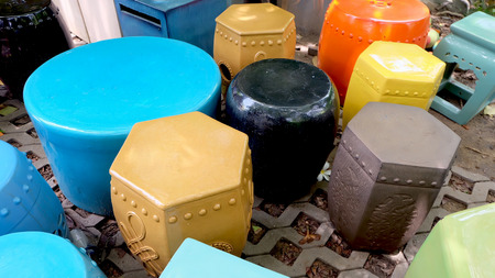 Stone Colourful Chairs, The Art on Concrete Floor Great For Any Use.の写真素材