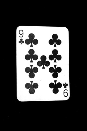 Single of Nine Playing Card for Gambler. Old Playing Cards Nine of Clubs Isolated On Black...