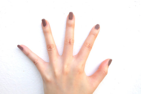 Beautiful Painted Brown Nails. Stylish Cosmetics Trendy Woman Hands Manicure. Hands of Woman with...