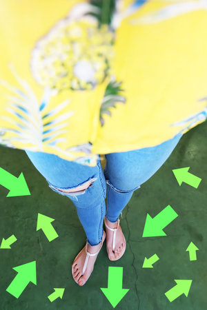 Different Direction Arrows to the Future. Selfie Above Woman Standing with Green Arrow Line Choices....