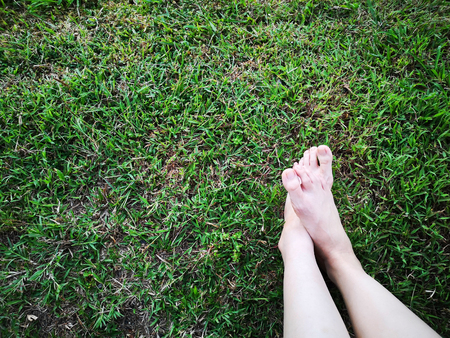 Bare Woman's Feet on The Green Grass. Copy Space. Close Up of Feet on a Ground Grass Backgroundの写真素材