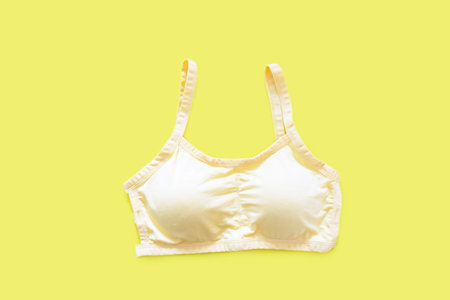 Top View of Sportswear Clothing. Women is Yellow Sports Bra Isolated on Yellow Color Pastel. Sport...