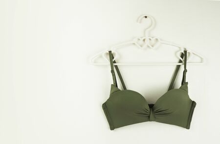 Bra with khaki green on heart hanger. Woman stripe lace lingerie isolated on white or gray background. Beauty and fashion concept. brassiere or bikini for summer. Underwear accessories for breast.の写真素材