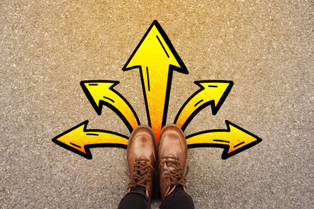 Feet and arrows on road background. Top view. Selfie woman in leather ankle boots on pathway with...