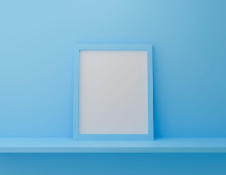 Blank blue photo frame hanging on wall texture. 3d render for product and display. Empty clean...