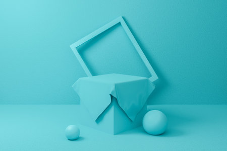 3d podium scene. Abstract blue or mint geometric shape group set background texture. 3d render design for display product on website. Minimal mockup pastel color. Empty showcase for advertising.の写真素材