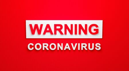 Corona virus bacteria cell (MERS-Cov) on red background. Warning Coronavirus epidemic of the dangers and scary. 3d text design. Healthcare and medical. caution of quarantine. Viral disease outbreak.の写真素材