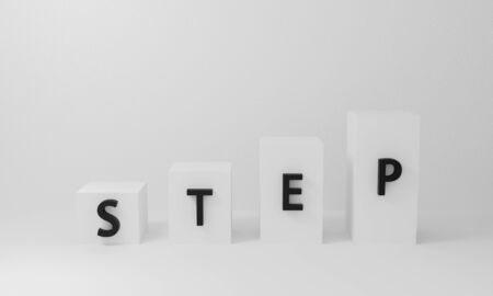 Abstract 3d white boxes on white background with geometric shapes. Business cube podium or stair symbol design. Step to success idea. 3D rendering for display product, presentation, banner on website.の写真素材