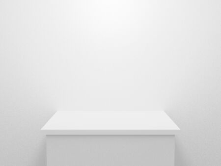 3d exhibition stand. Blank podium isolated on white texture for presentation and exposition. Empty table background for display product. Pedestal table. Abstract interior stage design. 3d rendering.の写真素材