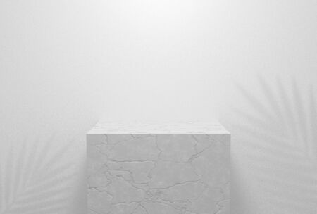 3d rendering of podium stand and palm leaves. Empty pedestal isolated on white background for mockup, ads and display product. Abstract grungy concrete stone table with cracked. Interior stage design.の素材 [FY310145788396]