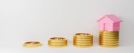3d money home on white background with gold coins. Save money business finance. Investment property concept. 3d rendering for advertisement board. growth business graph. Rising house prices.の写真素材