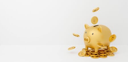 3d gold piggy bank isolated on white background abstract with gold coins falling. 3d rendering for advertisement board, investment banking financial. Save money business finance. Pig money box icon.の写真素材