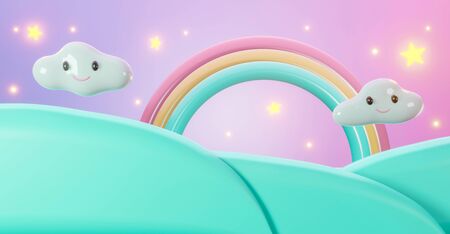 3d pastel of cartoon landscape background abstract. sweet cute stars rainbow with clouds and mountains. 3d rendering for mockup, banner, showcase, display. Creative ideas minimal summer design.の写真素材