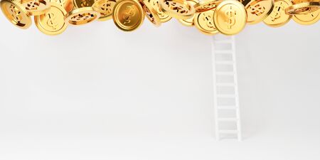 White ladder to success concept. 3d render for growth income funds, achievement, business growth, success money and rich. 3d staircase to golden coins money. Abstract flying gold dollars sign.の写真素材