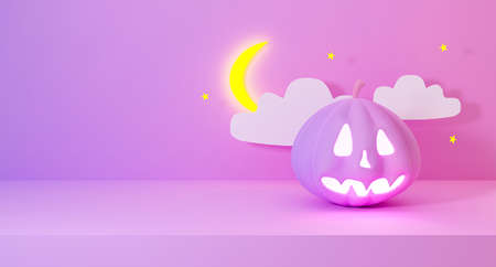 3d render of Halloween holiday with neon lights. Halloween pumpkin with moon stars clouds on pastel background abstract. Horizontal realistic empty bookshelf for display table. Blank minimal banner.の写真素材