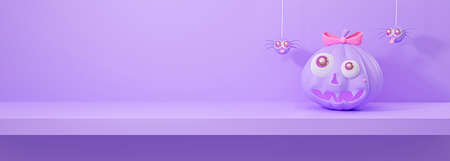 3d render of Halloween holiday with neon lights. Cute Halloween pumpkin with hanging spiders on purple pastel background. Horizontal realistic empty shop shelf for display table. Blank minimal.の写真素材