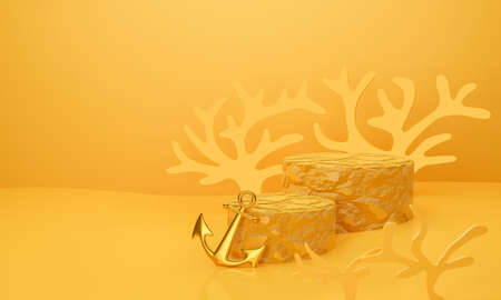 3d render of display podium on yellow background abstract with anchor and coral sea for banner, graphic, presentation, product mock up design. Creative ideas luxury golden summer water scene.の写真素材