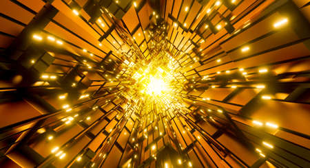 3d render of abstract futuristic technology background with tunnel vision. Empty modern dark future concept. Sci fi space station interior with gold glowing lights.の写真素材